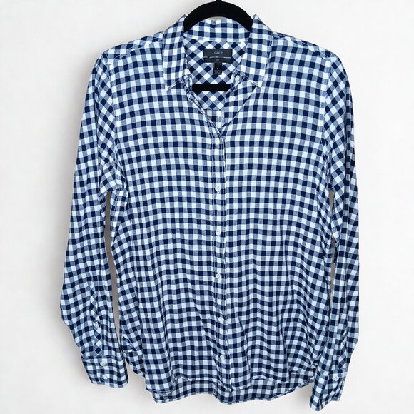 J. Crew Womens Boy Fit Blue and White Gingham Button Down Shirt - Picture 1 of 8